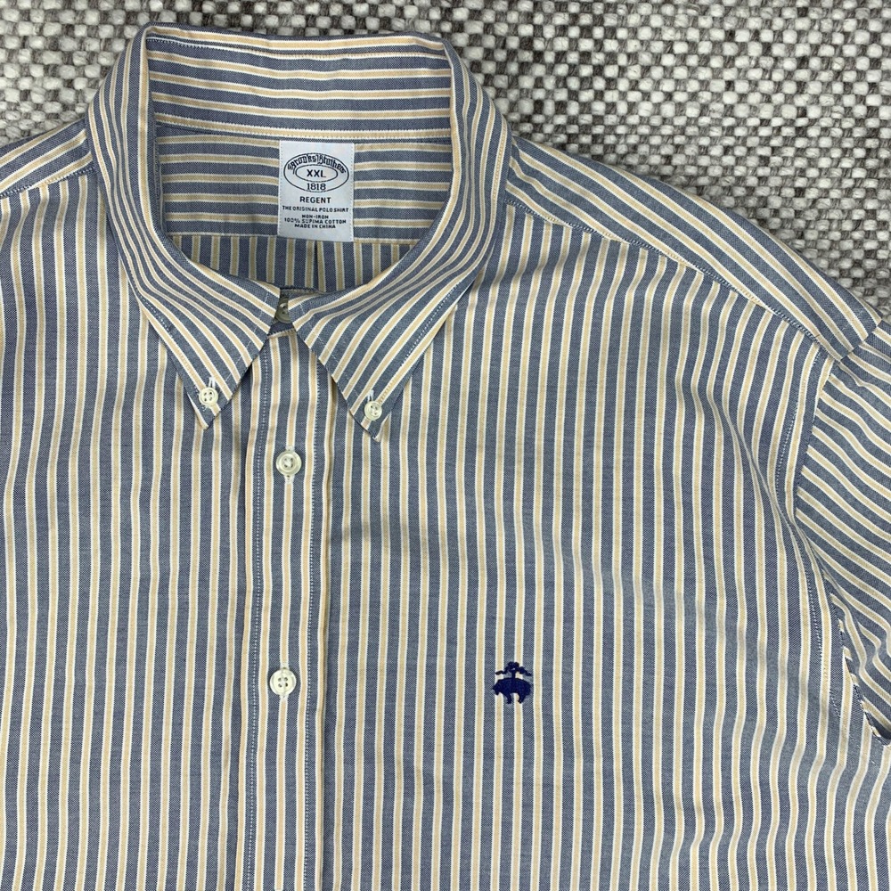 Brooks Brothers Dress Shirt Mens XXL Blue Yellow Striped Regent Non-Iron Cotton
